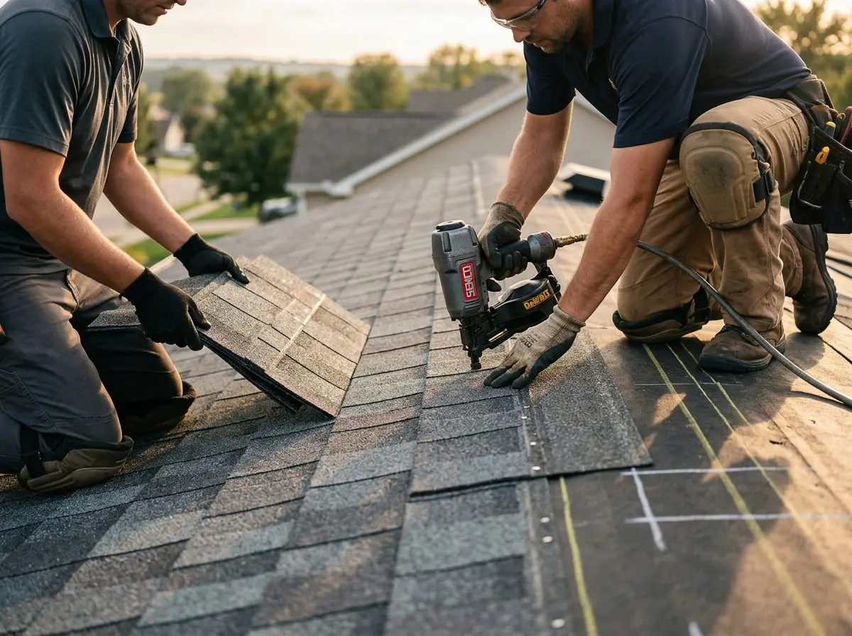Professional roofer working on a residential roof in Mission